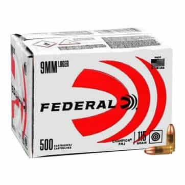 Federal Champion Training Handgun Ammunition 9mm Luger 115 gr FMJ 1125fps 500/ct (Bulk)